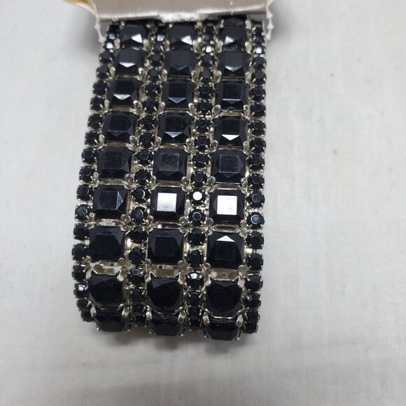 Hillard & Hanson Retro Black Diamante silver tone Stretch Bracelet. - Picture 2 of 5